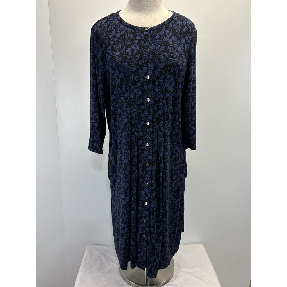 J. Jill Floral Shift Dress Womens Large Blue Black 3/4 Sleeves Button Up Pockets